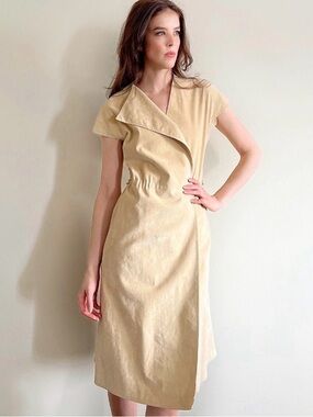 Vintage 70s 80s Designer Halston Beige Wrap-Style Midi Dress